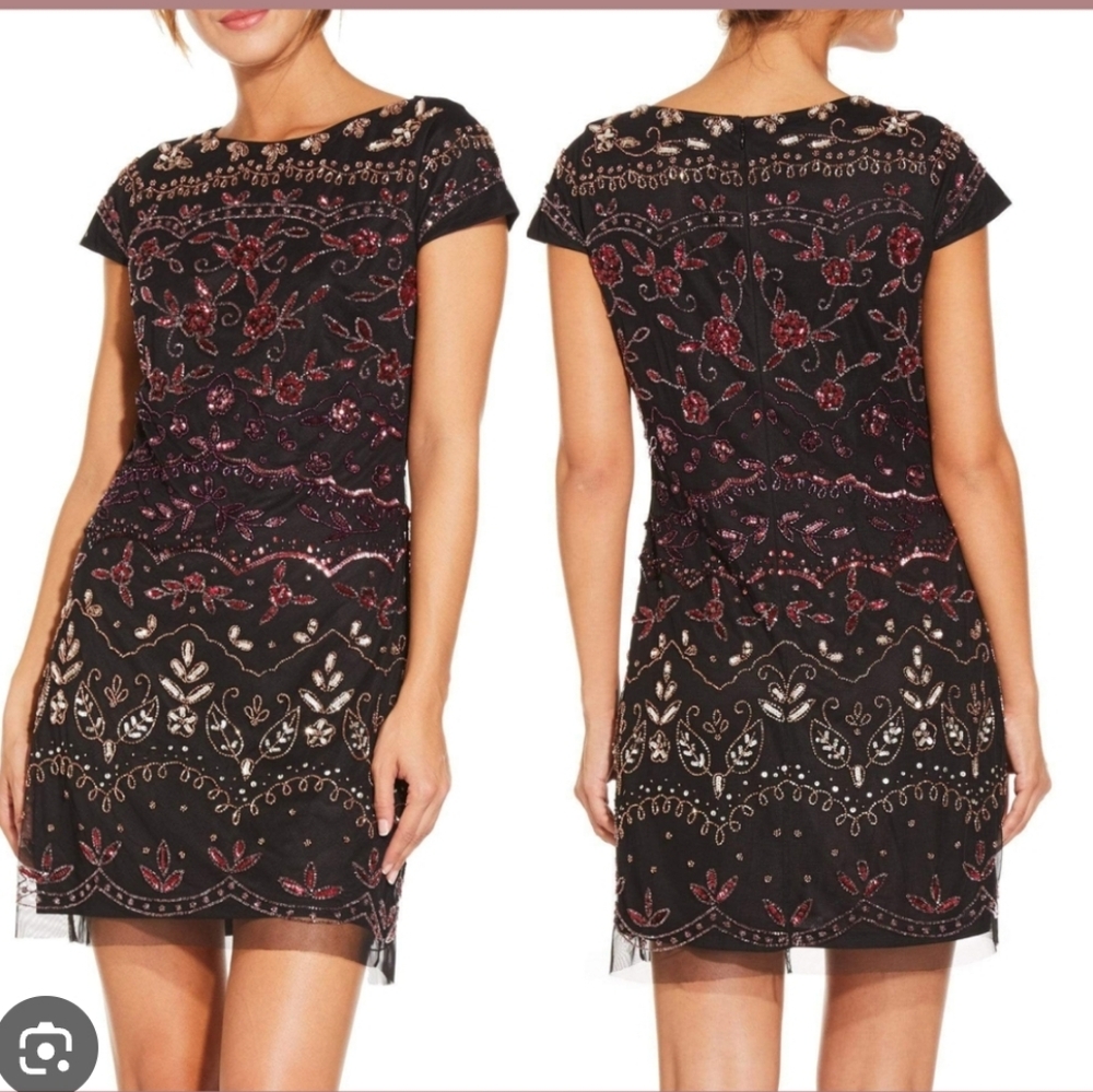 Adrianna‎ Papell Embellish Beaded Bateau Mesh Sheath Dress Black Sz 16P